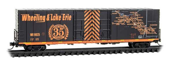 Micro-Trains N 60' Excess-Height Double-Plug-Door Boxcar - Ready-to-Run -- wheeling & Lake Erie #9025 (35th Anniversary Commemorative, black, orange)