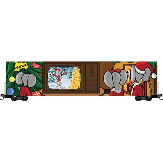 Micro-Trains N Modified 60' Excess-Height Double-Plug-Door Boxcar - Ready-to-Run -- 2024 Micro-Mouse Christmas w/TV Door