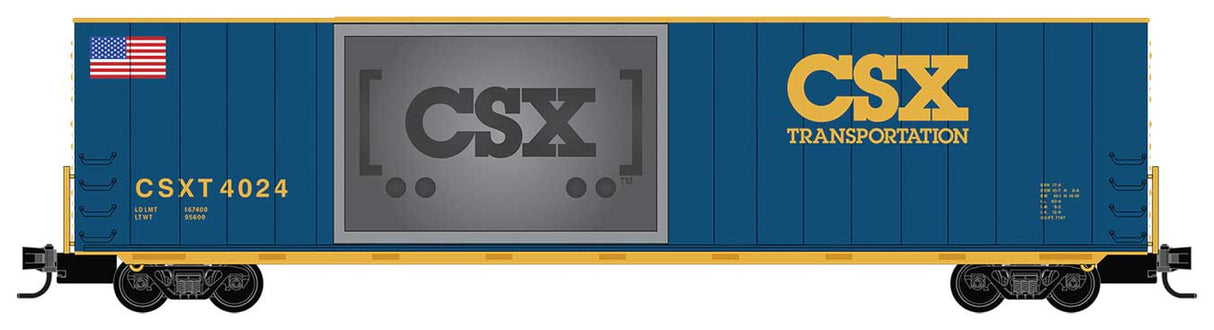 Micro-Trains N Modified 60' Excess-Height Double-Plug-Door Boxcar - Ready-to-Run -- CSX #4024 (blue, yellow, Carved Granite Insert)