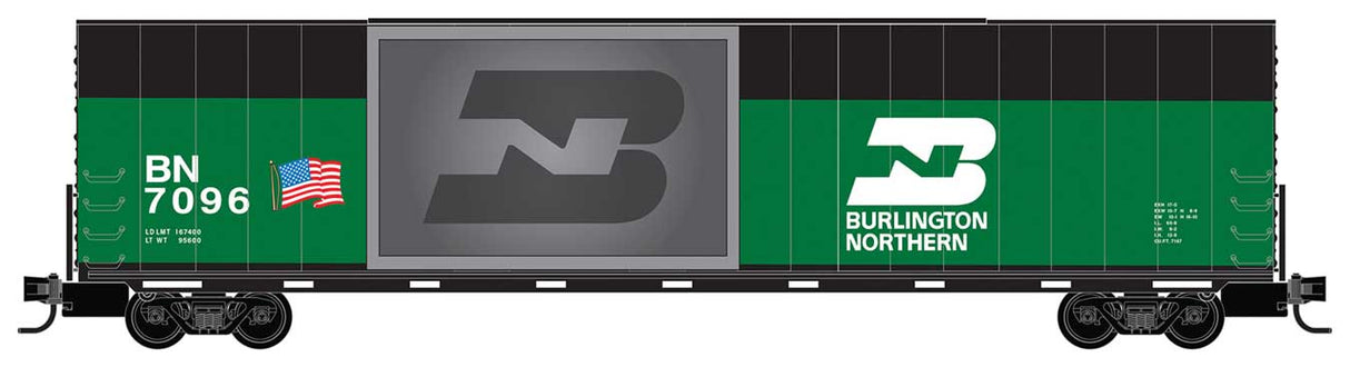Micro-Trains N Modified 60' Excess-Height Double-Plug-Door Boxcar - Ready-to-Run -- Burlington Northern #7096 (Cascade Green, black, yellow, Granite Insert)