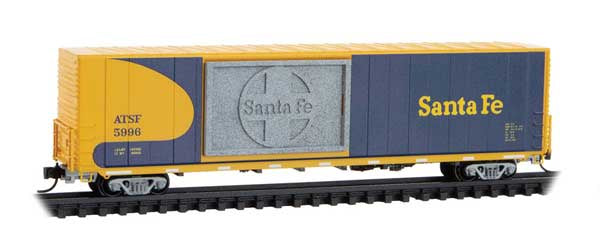 Micro-Trains N Modified 60' Excess-Height Double-Plug-Door Boxcar - Ready-to-Run -- Santa Fe #5996 (blue, yellow, Granite Insert)