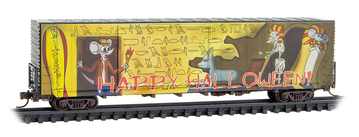 Micro-Trains 102 00 853 N Modified 60' Excess-Height Double-Door Boxcar - Ready to Run -- 2025 Micro-Mouse Halloween (tan, black)