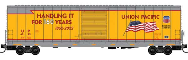 Micro-Trains 60' Excess Height Single-Door Boxcar with Riveted Sides - Ready to Run -- Union Pacific 160th Anniversary Commemorative #6222 (yellow, gray) - 489-10400110