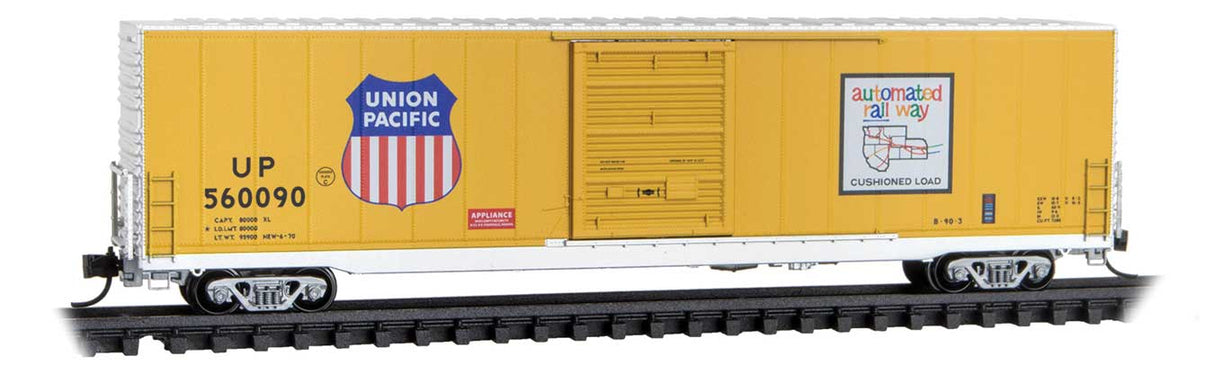 60' Excess Height Single-Door Boxcar with Riveted Sides - Ready to Run -- Union Pacific #560090 (Armour Yellow, silver, Automated Railway Logo)