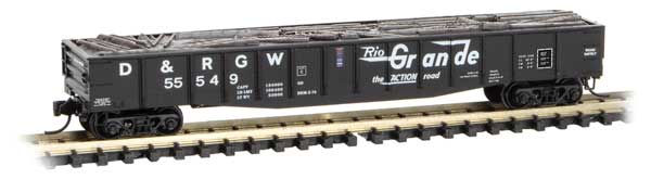 Micro-Trains 50' 15-Panel Fixed-End Fishbelly-Side Gondola - Ready to Run -- Denver & Rio Grande Western 55549 (black, white, Flying Grande Logo) - 489-10500312