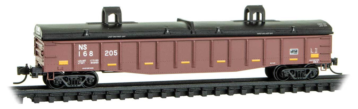 50' 15-Panel Fixed-End Covered Gondola - Ready to Run -- Norfolk Southern #168205 (Boxcar Red, black cover, yellow conspicuity marks)
