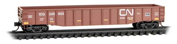50' Steel Side 15-Panel Fixed-End Fishbelly-Side Gondola - Ready to Run -- Canadian National ICG #245605 (Boxcar Red, white, yellow conspicuity marks)