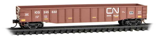 50' Steel Side 15-Panel Fixed-End Fishbelly-Side Gondola - Ready to Run -- Canadian National ICG #245632 (Boxcar Red, white, yellow conspicuity marks)