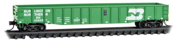 Micro-Trains N 50' Steel Side 15-Panel Fixed-End Fishbelly-Side Gondola - Ready to Run -- Burlington Northern #558051 (Cascade Green, white)
