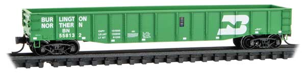Micro-Trains N 50' Steel Side 15-Panel Fixed-End Fishbelly-Side Gondola - Ready to Run -- Burlington Northern #558132 (Cascade Green, white)