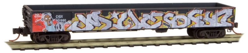 Micro-Trains 50' 15-Panel Fixed-End Gondola - Ready to Run -- CIT Group Leasing CIGX #801990 (Weathered, black, Graffiti) - 489-10544750