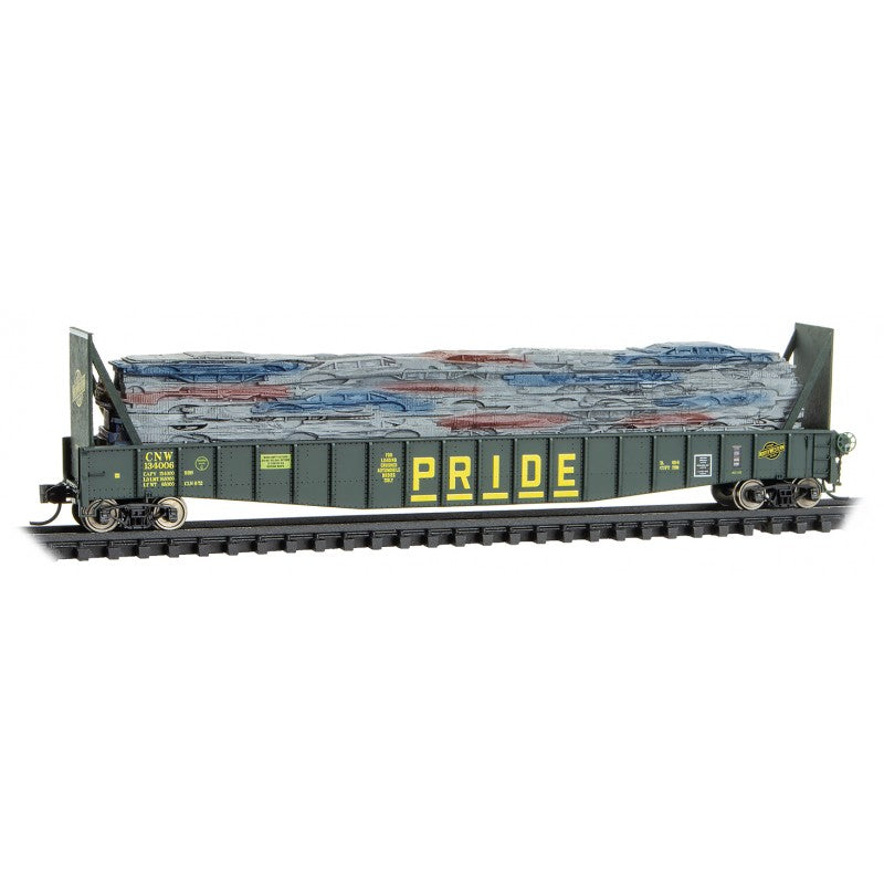 Micro-Trains N 65' Mill Gondola with Bulkhead Ends & Smashed Auto Load - Ready to Run -- Chicago & North Western #134006 (green, yellow, Pride on Car Side)