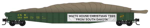 65' Mill Gondola with Drop Ends & Christmas Tree Load - Ready to Run -- Chicago & North Western #132577 (green, White House Tree Sign)