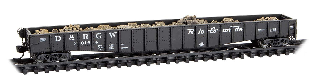 Micro-Trains N 65' Mill Gondola with Drop Ends & Scrap Load - Ready to Run -- Denver & Rio Grande Western #30164 (black, Flying Grande)
