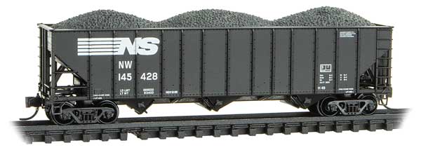Micro-Trains 100-Ton 3-Bay Ribside Open Hopper w/Coal Load - Ready to Run -- Norfolk Southern NW #145428 (black, white) - 489-10800271