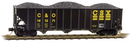 Micro-Trains 100-Ton 3-Bay Ribside Open Hopper w/Coal Load - Ready to Run -- CSX C&O #141271 (black, yellow; Early Transportation Logo) - 489-10800301