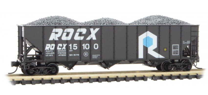 Micro-Trains 100-Ton 3-Bay Ribside Open Hopper with Coal Load - Ready to Run -- Rock Island Improvement Co. ROCX 15100 (black, white, blue) - 489-10800400