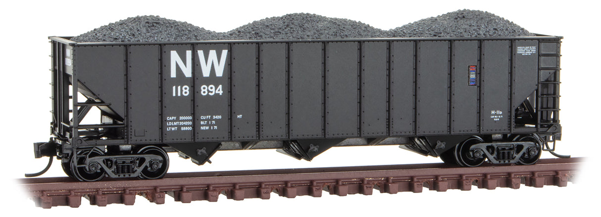 Micro-Trains 100-Ton 3-Bay Ribside Open Hopper with Coal Load - Ready to Run -- Norfolk & Western 118894 (black, white, NW Logo) - 489-10800421