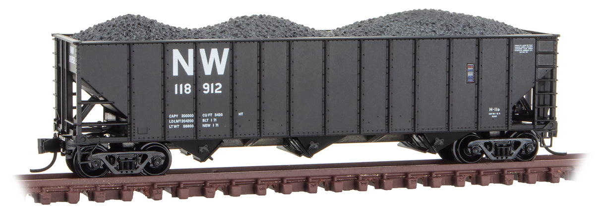 Micro-Trains 100-Ton 3-Bay Ribside Open Hopper with Coal Load - Ready to Run -- Norfolk & Western 118912 (black, white, NW Logo) - 489-10800422