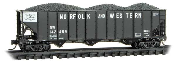 Micro-Trains 100-Ton 3-Bay Ribside Open Hopper w/Coal Load - Ready to Run -- Norfolk & Western #142489 (black, Made in Virginia Slogan) - 489-10800500