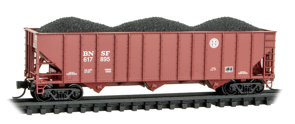 100-Ton 3-Bay Ribside Open Hopper w/Coal Load - Ready to Run -- Burlington Northern Santa Fe #617895 (Boxcar Red, small Circle/Cross Logo)