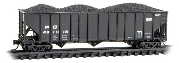 Micro-Trains N 100-Ton 3-Bay Ribside Open Hopper w/Coal Load - Ready to Run -- Penn Central #481915 (black, small logo)