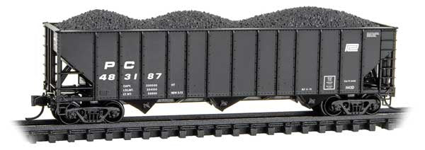 Micro-Trains N 100-Ton 3-Bay Ribside Open Hopper w/Coal Load - Ready to Run -- Penn Central #483187 (black, small logo)