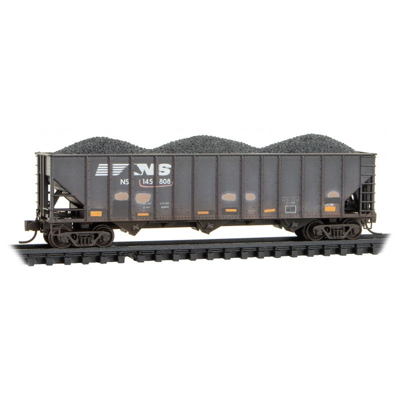 Micro-Trains N 100-Ton 3-Bay Ribside Open Hopper w/Coal Load - Ready to Run -- Norfolk Southern #145808 (Weathered, black, horse head logo, Family Tree #11