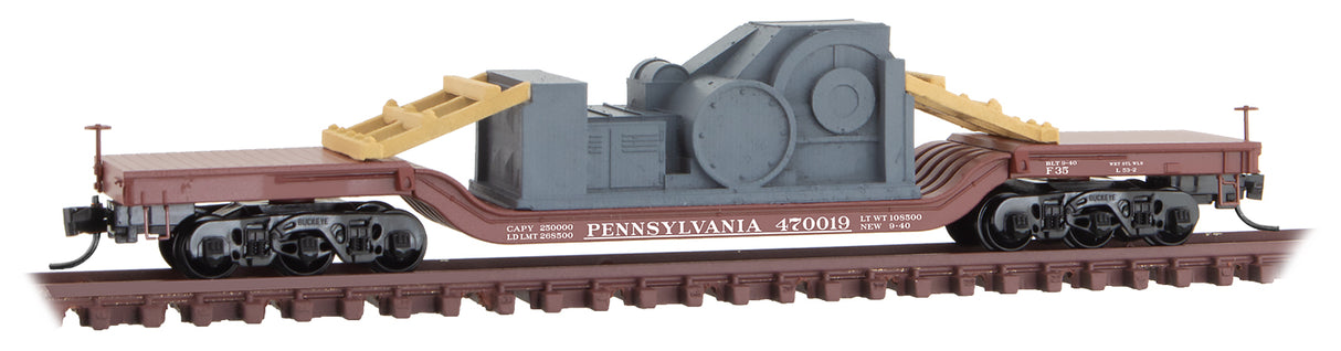 Micro-Trains Heavyweight 6-Axle Depressed Center Flatcar, Machine Load - Ready to Run -- Pennsylvania Railroad 470019 (Boxcar Red) - 489-10900011
