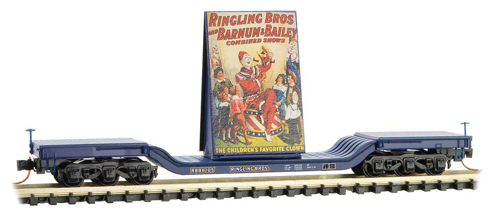 Micro-Trains Heavyweight 6-Axle Depressed-Center Flatcar with Billboard Load - Ready to Run -- Ringling Bros.(R) Clown Billboard Series Car RBBX 105 - 489-10900162