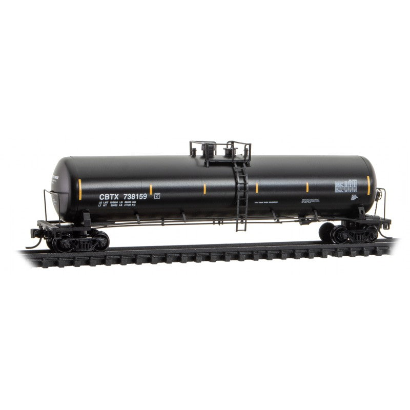 Micro-Trains N 56' General-Service Tank Car - Ready to Run -- Capital Finance CBTX #738159 (black, yellow, conspicuity marks)