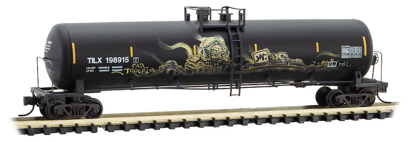 Micro-Trains 56' General-Service Tank Car - Ready to Run -- Trinity Industries Leasing TILX 198915 (Weathered, black, Graffiti) - 489-11044420