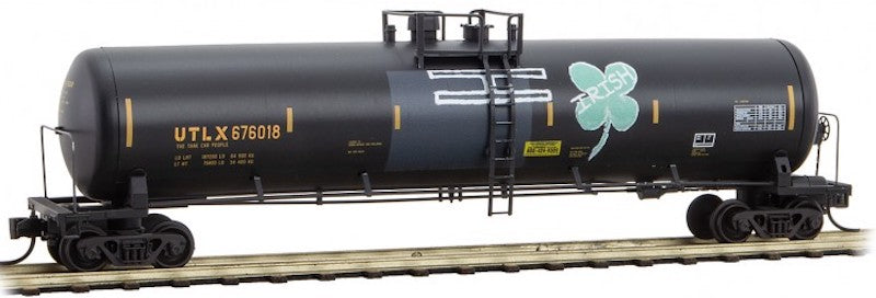 Micro-Trains 56' General-Service Tank Car - Ready to Run -- UTLX 676018 (Weathered, black, yellow, green Clover Graffiti) - 489-11044480