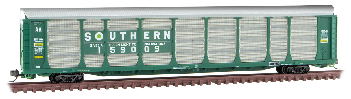 Micro-Trains 89' Tri-Level Enclosed Auto Rack - Ready to Run -- Southern Railway 159009 (silver, green, Billboard Lettering) - 489-11100091