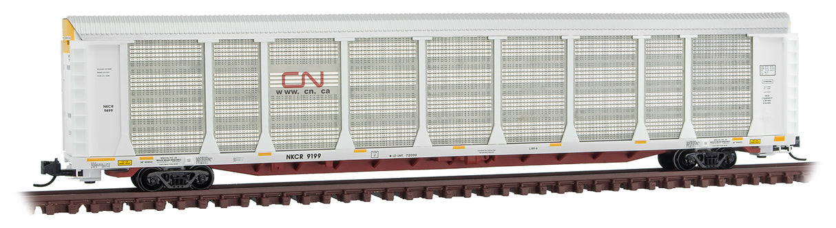 Micro-Trains 89' Tri-Level Enclosed Auto Rack - Ready to Run -- CanadianNational NKCR 9199 (white, silver, black, red Noodle Logo) - 489-11100341
