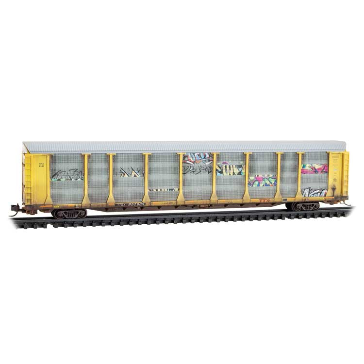 Micro-Trains 111 44 490 N 89' Tri-Level Enclosed Auto Rack - Ready to Run -- TTX TTGX #851005 (Weathered, silver, yellow, red logo, graffiti)
