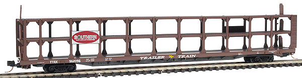 Micro-Trains 89' Tri-level Open Auto Rack -- Southern #962096 (brown, white lettering; TTX Flat)