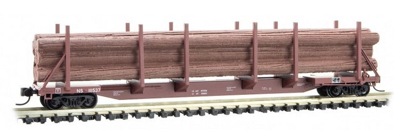 Micro-Trains 489-11500072 Evans 65' 100-Ton Log Car with Log Load - Ready to Run -- Norfolk Southern 111537 (Boxcar Red) - 489-11500072