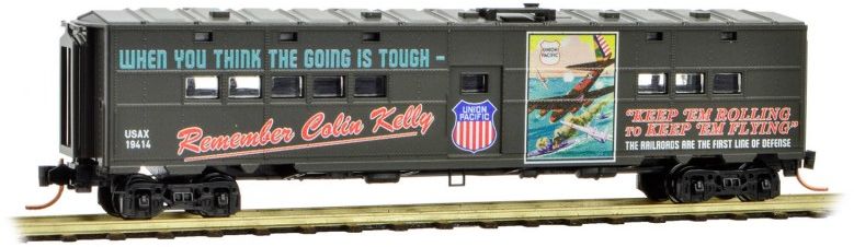 Micro-Trains 50' Troop Kitchen Car - Ready to Run -- US Army 19414 (green, "Remember Colin Kelly" UP WWII Poster Series Car 4) - 489-11800140