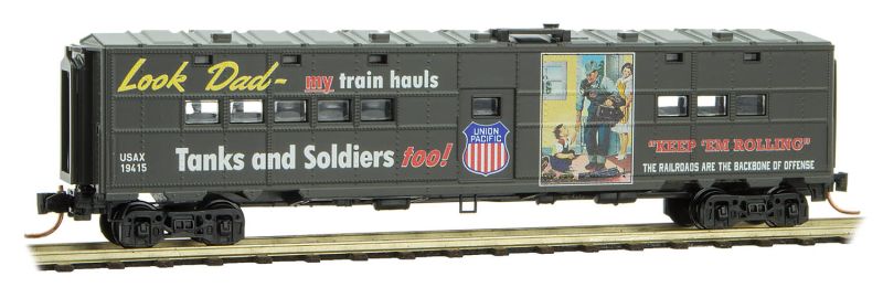 Micro-Trains 50' Troop Kitchen Car - Ready to Run -- US Army 19414 (green, "Look Dad" UP WWII Poster Series Car 5) - 489-11800150