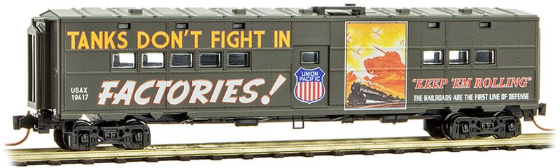 Micro-Trains 50' Troop Kitchen Car - Ready to Run -- US Army 19417 (green, "Tanks Don't Fight" UP WWII Poster Series Car 7) - 489-11800170