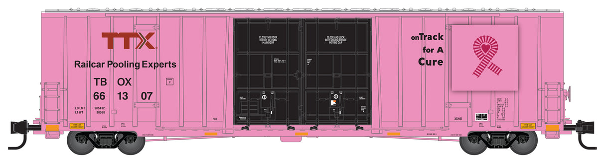 Micro-Trains 60' Rib-Side, Double-Plug-Door High-Cube Boxcar - Ready to Run -- TTX 661307 (Breast Cancer Awareness, pink, black) - 489-12300060