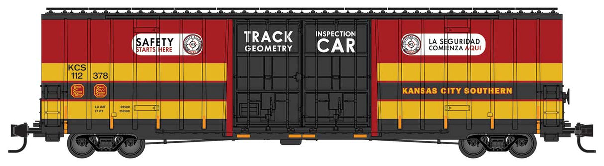 60' Rib-Side, Double-Plug-Door High-Cube Boxcar - Ready to Run -- Kansas City Southern #112378 (Track Geometry Inspection Car, red, yellow, ba
