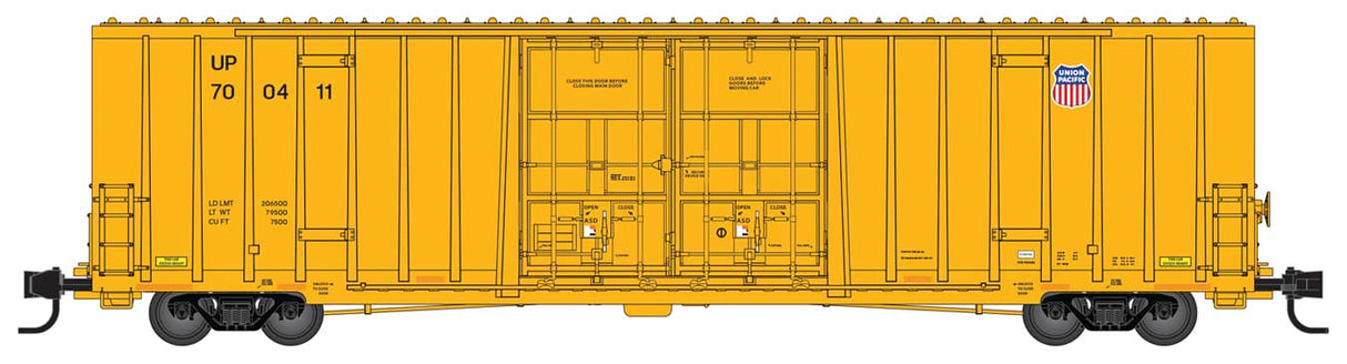 60' Rib-Side, Double-Plug-Door High-Cube Boxcar - Ready to Run -- Union Pacific #700411 (2022 yellow, small shield logo)