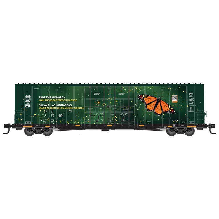 60' Rib-Side, Double-Plug-Door High-Cube Boxcar - Ready to Run -- Laurinburg Southern #137999 (Save the Monarch Butterfly, green, orange)