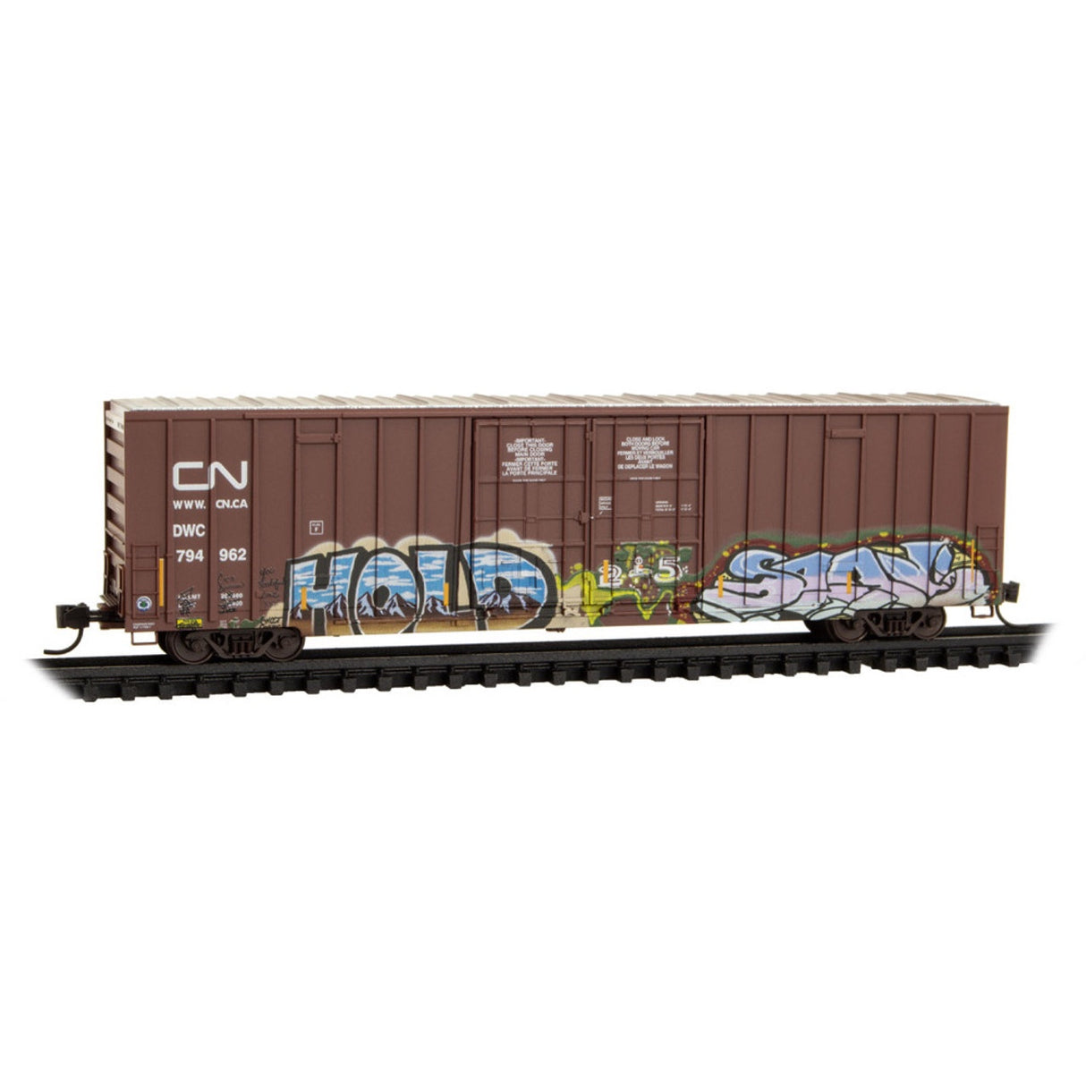 Micro-Trains N 60' Rib-Side, Double-Plug-Door High-Cube Boxcar - Ready to Run -- Canadian National DWC #794962 Weathered, Boxcar Red, Noodle Logo, graffiti)