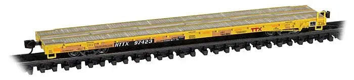 Thrall 60' Flatcar - Ready to Run -- TTX HTTX #97423 (Class TSH60A, yellow, black, red logo)
