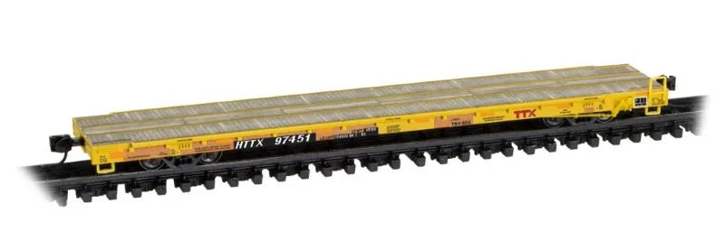 Thrall 60' Flatcar - Ready to Run -- TTX HTTX #97451 (Class TSH60A, yellow, black, red logo)