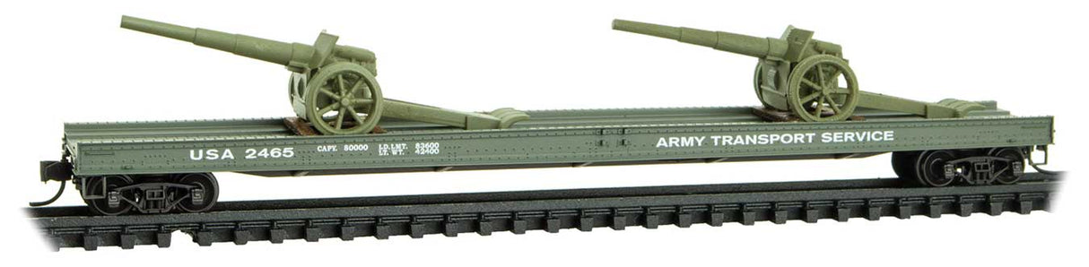 70' Warren Steel Flatcar with Cannon Load - Ready-to-Run -- US Army #2465 (green, War of the Worlds #3)
