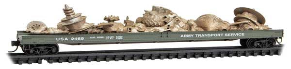 Micro-Trains N 70' Warren Circus Flatcar with Martian Parts Load - Ready-to-Run -- U.S.A. #2469 (green, white, War of the Worlds #9)